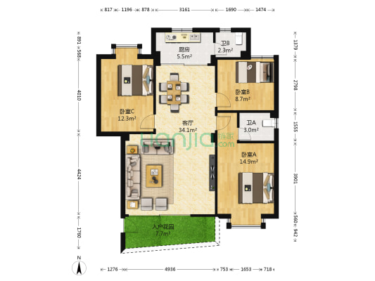 华虹苑 3室1厅2卫 102平方