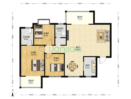 绿地城江东首府 3室1厅3卫 130平方