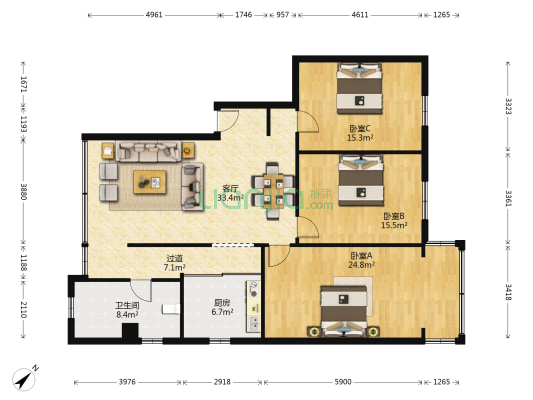 天伦家园 3室1厅1卫 129平方
