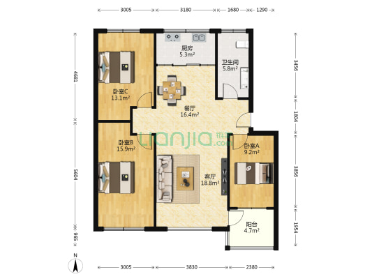 孙家南苑绿洲小区小区二区 3室2厅1卫 115平方