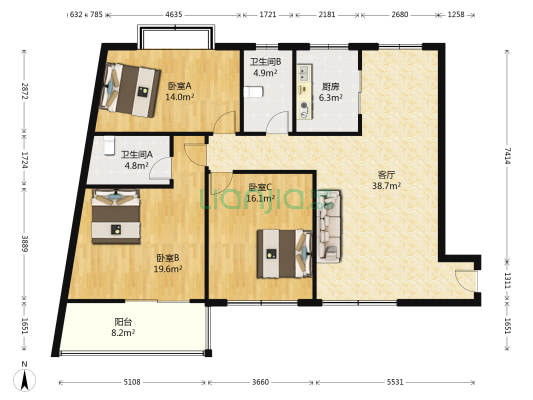 地矿家园 3室1厅2卫 137平方