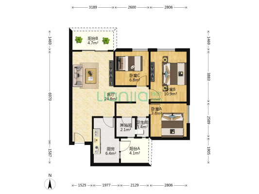 万科金域缇香一期 3室1厅2卫 79平方