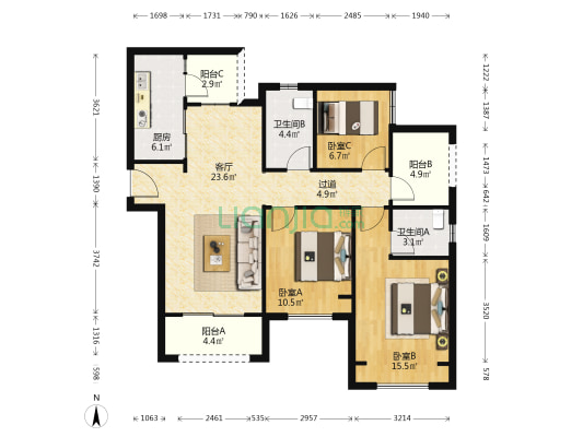 荣盛观云郡云逸组团 3室1厅2卫 111平方