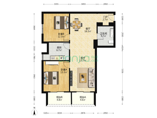 天赐公寓 2室2厅1卫 124平方