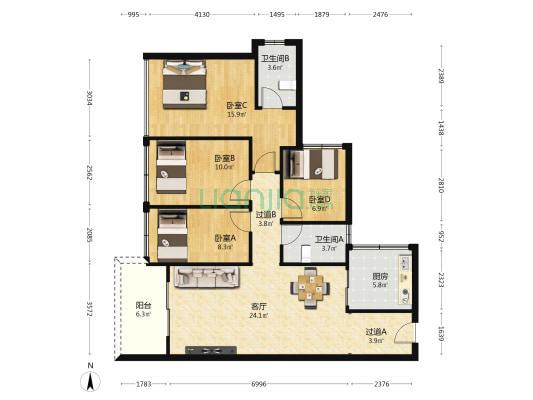 中海左岸东宸 4室1厅2卫 105平方