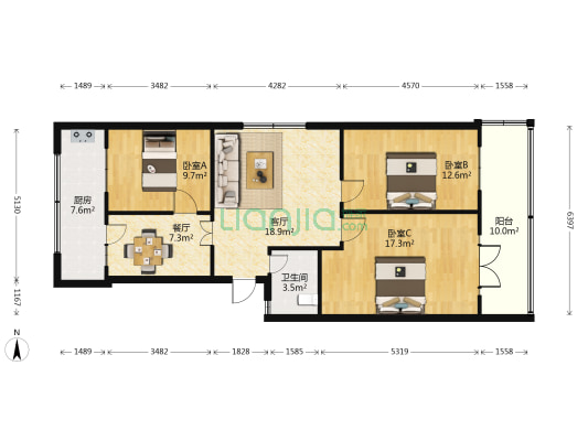 天龙宿舍 3室2厅1卫 93平方