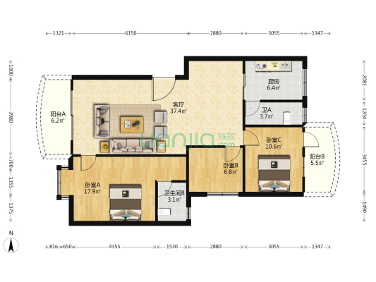 金福苑 3室1厅2卫 109平方
