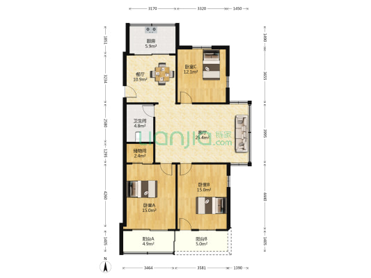 奔驰商厦 3室2厅1卫 117平方