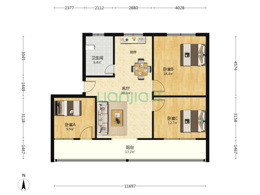 能源站家属院 3室1厅1卫 113平方