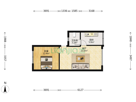 向阳三期 1室1厅1卫 54平方