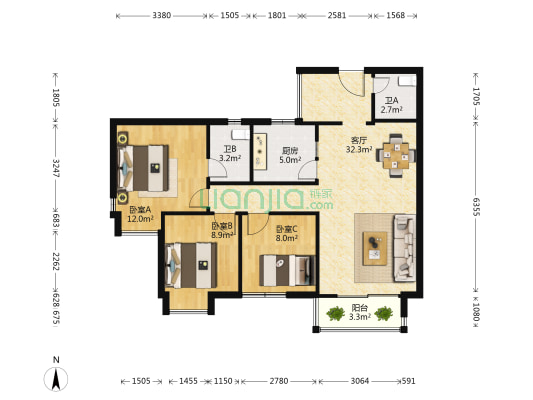 南晶国际南庭 3室1厅2卫 84平方