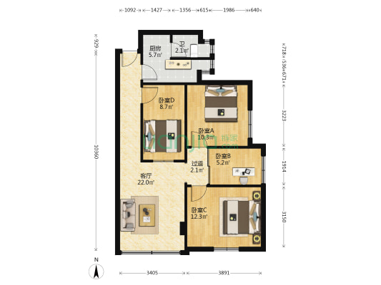 亚百利商住楼 4室1厅1卫 82平方