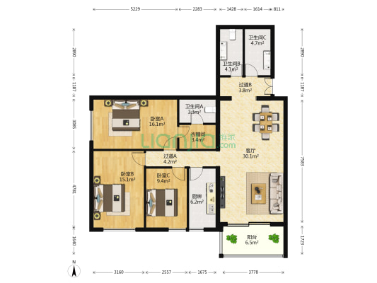 莲花池东路甲5号院 3室1厅3卫 143平方