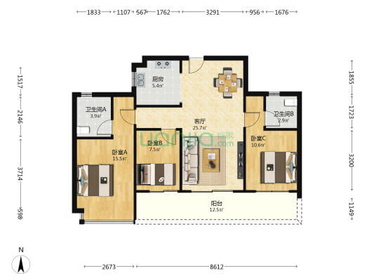广州融创文旅城B2区 3室1厅2卫 110平方