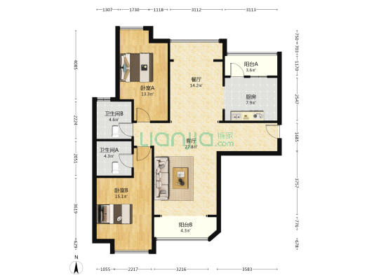 此房满二，采光好，视野好，小区环境优美。南北通透-户型图