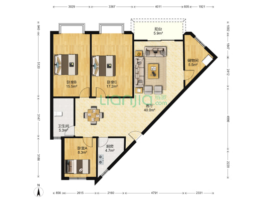 鸡冠石路5号 3室1厅1卫 118平方