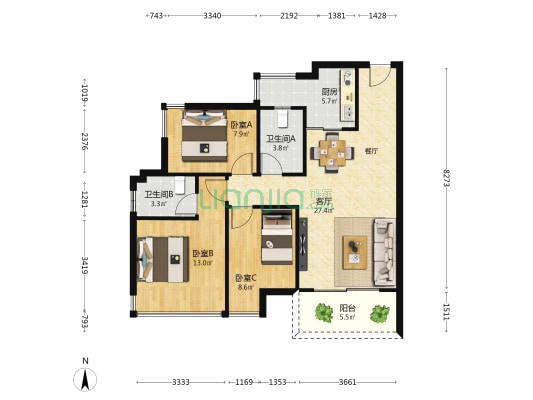 龙光普罗旺斯凡尔赛 3室1厅2卫 89平方
