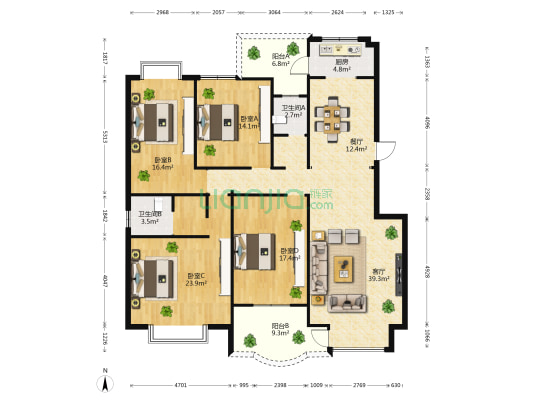 省人大住宅小区 4室2厅2卫 173平方