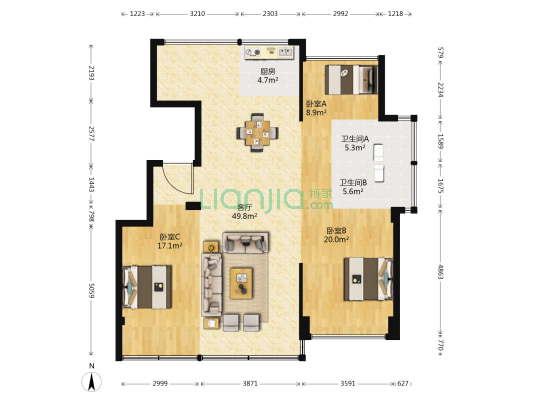 国鸿锦悦府西苑 3室1厅2卫 128平方