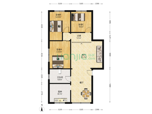 大北街288号 3室1厅1卫 113平方