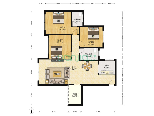 建宏希望城 3室1厅2卫 108平方