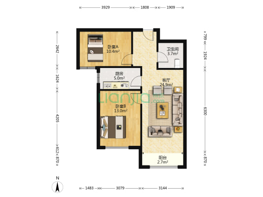 K2狮子城南区 2室1厅 南-户型图