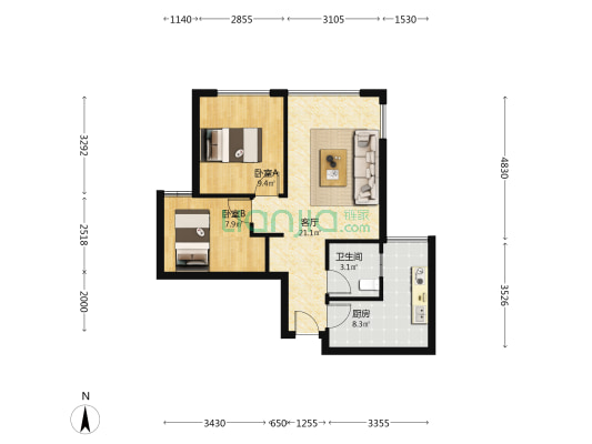 中环光悦居 2室1厅1卫 62平方