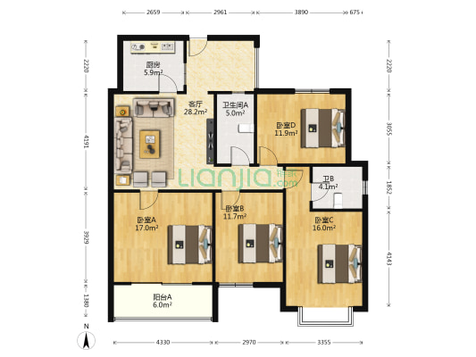 东方芙蓉 4室1厅2卫 127平方