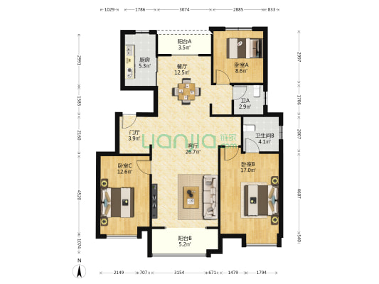 阳光城·文澜府 3室2厅2卫 125平方