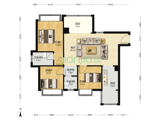 远东卡地亚花园城 3室1厅3卫 111平方