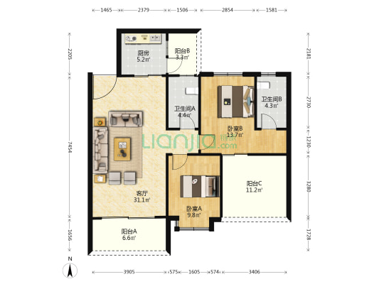 雅逸轩 2室1厅2卫 94平方