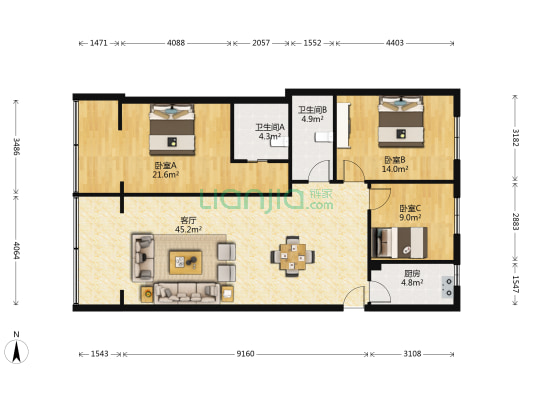 牧电路佳利公寓 3室1厅2卫 123平方
