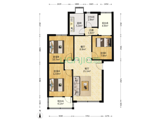 荣军医院生活小区 3室2厅1卫 90平方