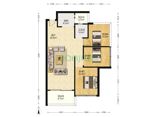 胜源香山居 3室1厅1卫 93平方