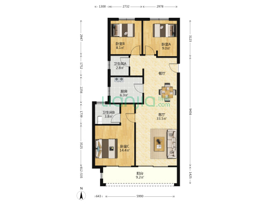 绿都九州雅叙 3室1厅2卫 118平方