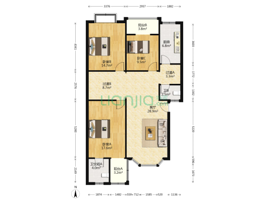 龙泰公寓 3室1厅2卫 125平方
