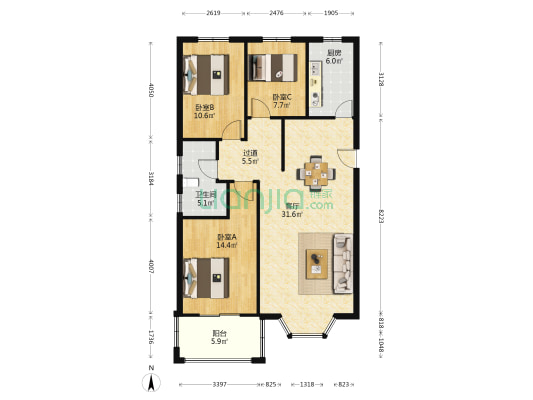 名流枫景洋房一层小三居，单位，简单装修，看房方便-户型图