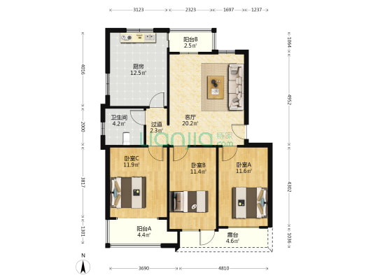 金色家园馥庭 3室1厅1卫 98平方