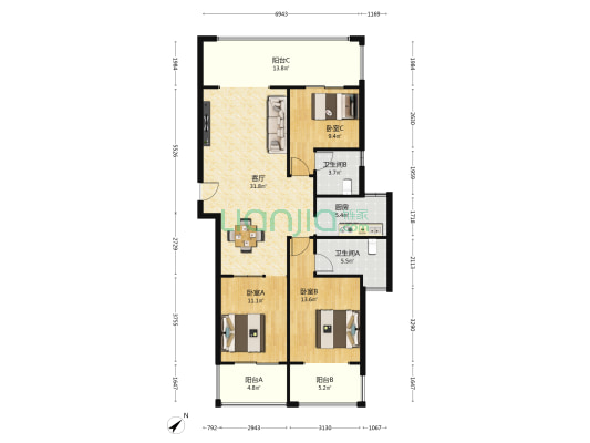碧湖豪庭 3室1厅2卫 136平方