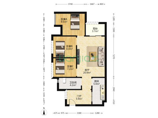 香槟城 3室1厅1卫 74平方