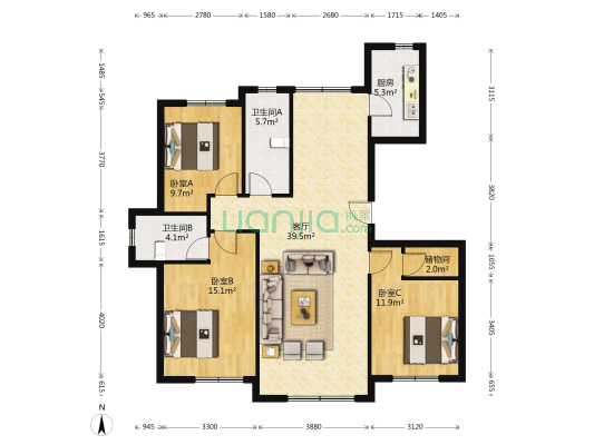 高新绿城玉兰花园诚园 3室1厅2卫 127平方