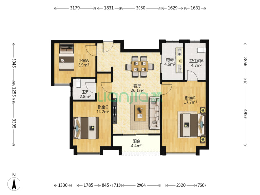 曲江美好时光 3室1厅2卫 107平方