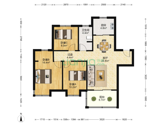 弘阳时光里 3室1厅1卫 107平方