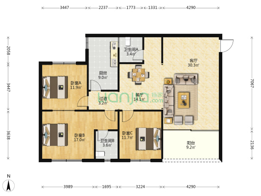 聚金园 3室2厅2卫 136平方