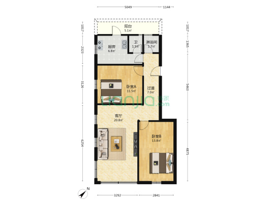 红城路 2室1厅2卫 80平方