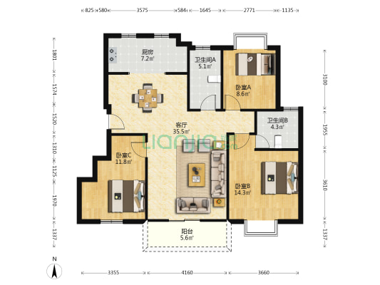 东湖华庭 3室1厅2卫 115平方