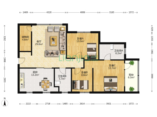 恒安大厦(石门二路333弄) 3室1厅2卫 157平方