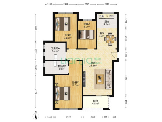 佳维新苑 3室2厅2卫 123平方