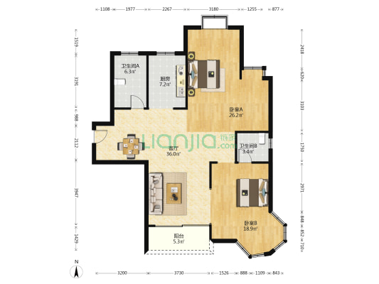 南方新城A区 2室1厅2卫 130平方