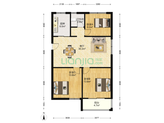 金谷府邸 3室1厅1卫 107平方